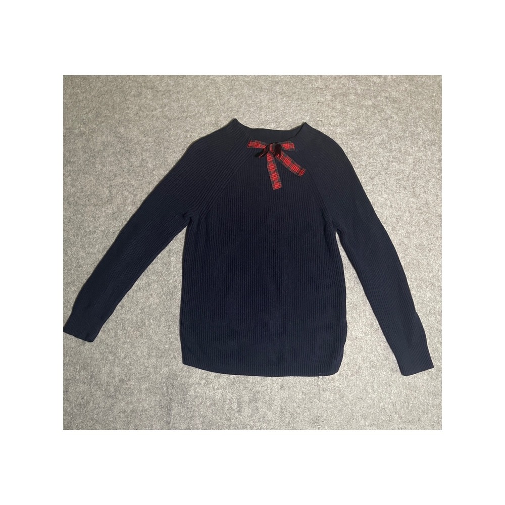 J.Crew Mercantile Navy Ribbed Knit Sweater with Plaid Bow Accent Small
